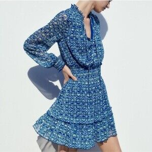 ZARA All Over Print Chiffon Midi Dress Sz M Flowy Coastal Cowgirl Boho Fairy Cor